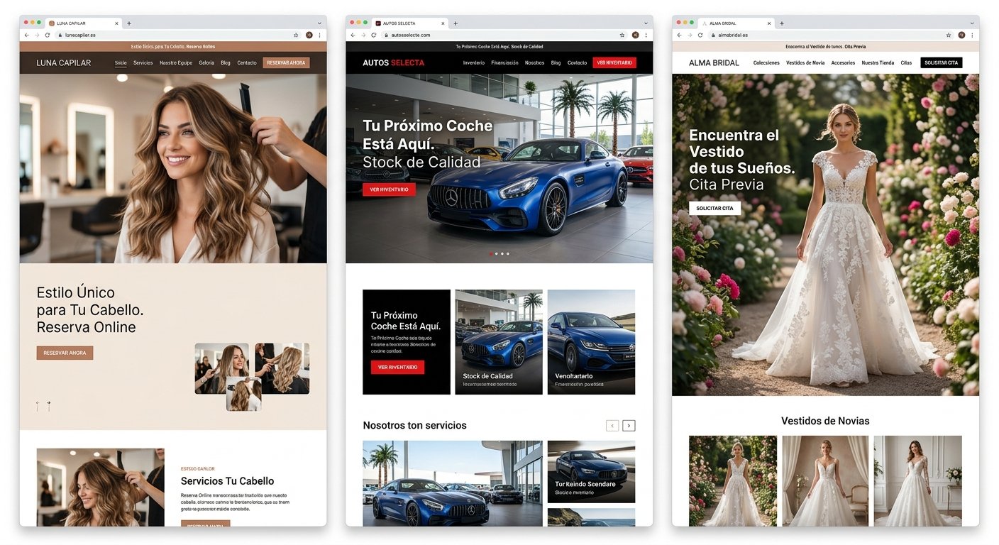 Ejemplos de páginas web completas para peluquería, concesionario de coches y tienda de vestidos de novia